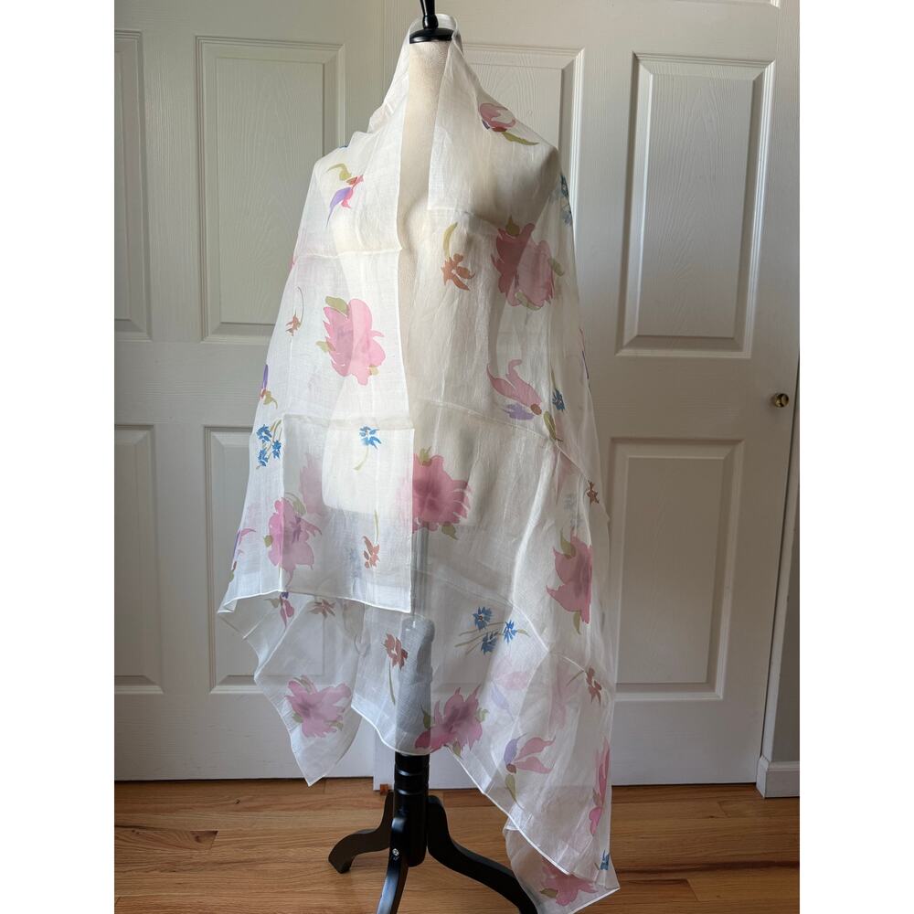 White Sheer Silk Floral Wrap Scarf Shawl Romantic Cottagecore Bridal Veil